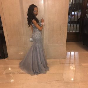Gray, rhinestone prom gown